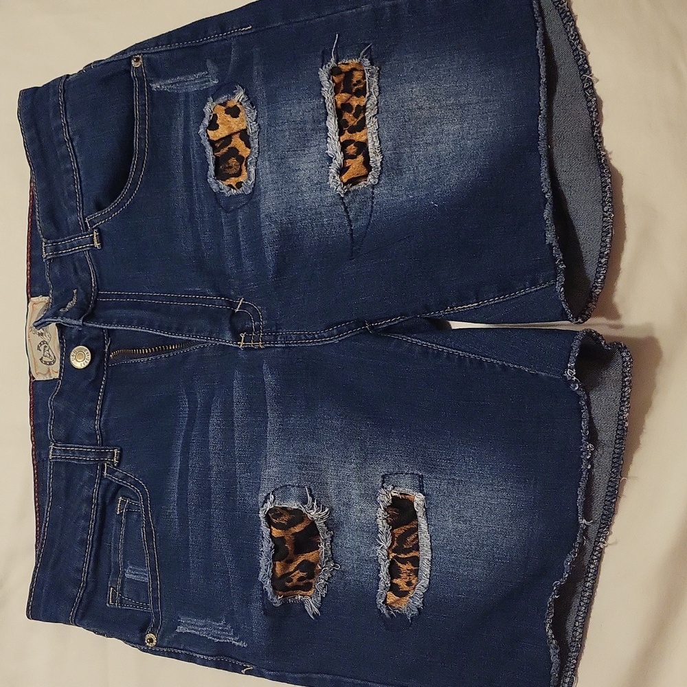 Leopard Detail Long Jean Shorts Size 10 - Picture 1 of 6